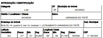 Terreno em VARANDAS DO TIETÊ, IACANGA - SP