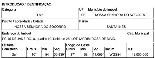 Terreno em SANTA INES, NOSSA SENHORA DO SOCORRO - SE