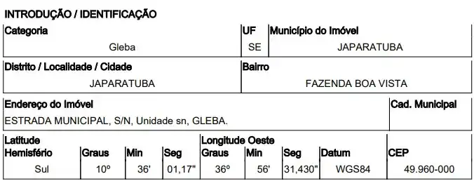 Gleba em FAZENDA BOA VISTA, JAPARATUBA - SE