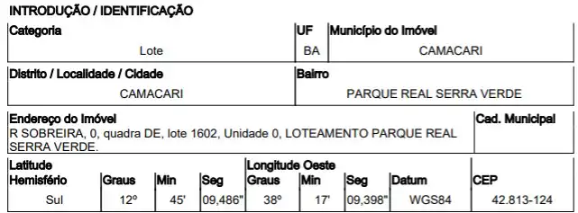Terreno em PARQUE REAL SERRA VERDE, CAMACARI - BA