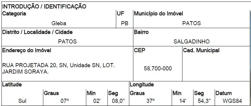 Gleba Urbana em SALGADINHO, PATOS - PB